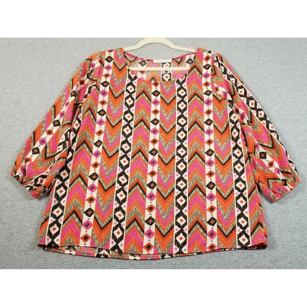 Newbury Kustom Top Women L Large Multicolor Chevron Ikat Boho Blouse See Through